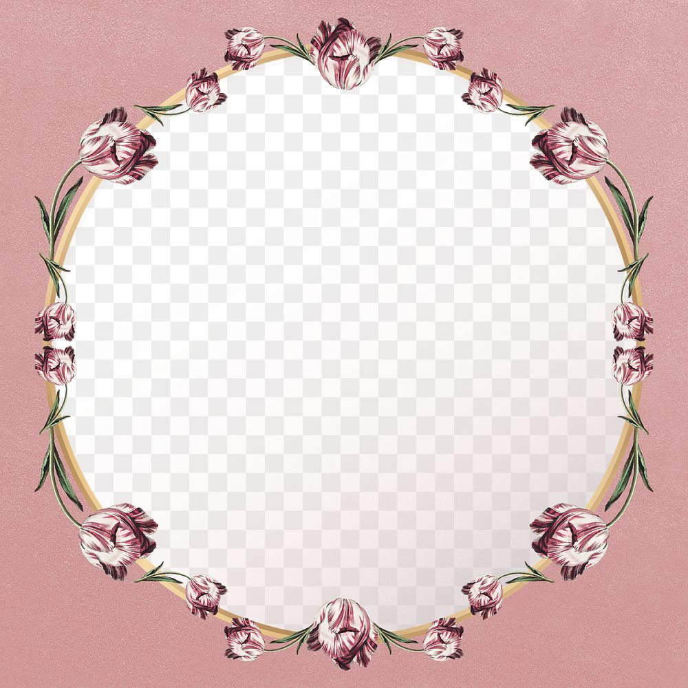 Vintage round gold tulip flower frame on pink background design element
