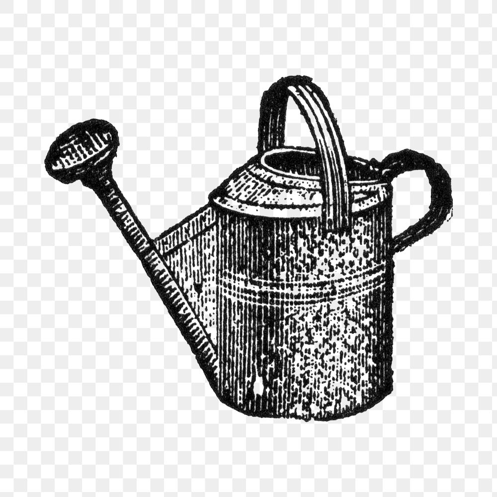 Watering pot sticker png, black ink drawing, digitally enhanced from our own original copy of The Open Door to Independence…