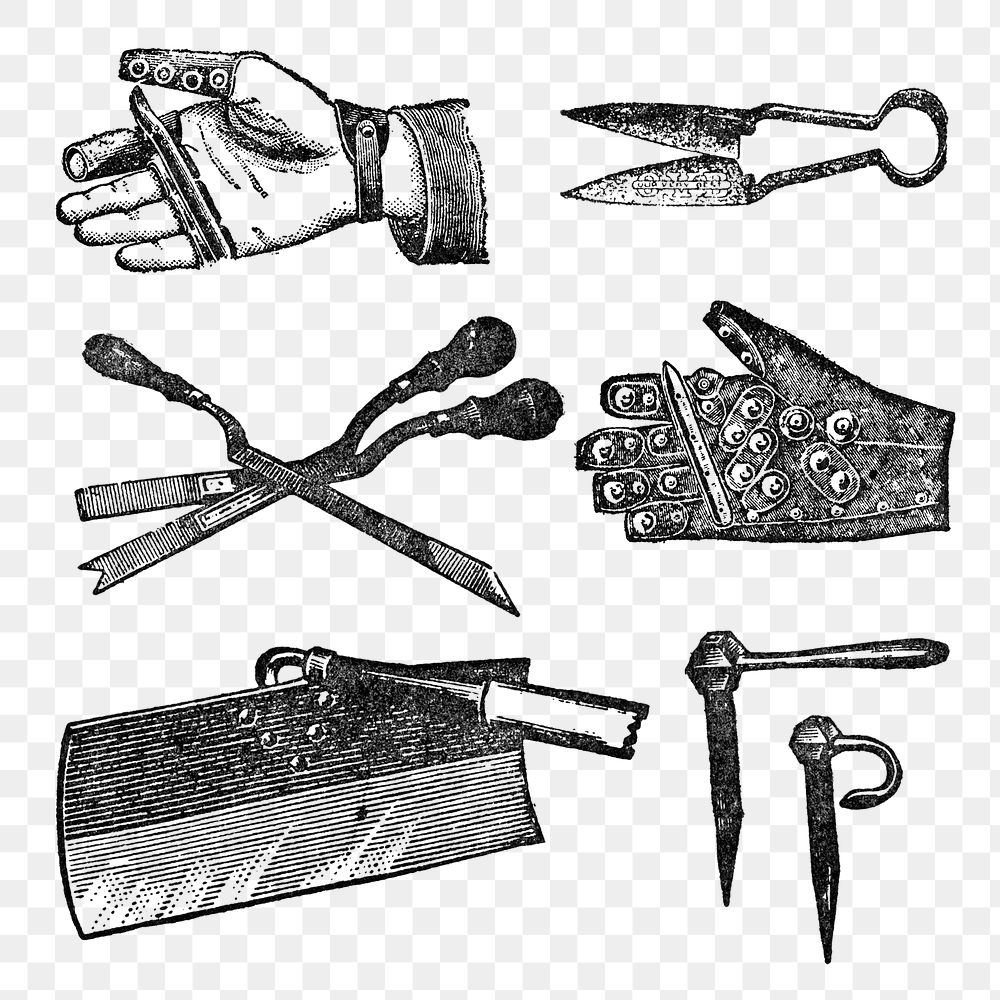 Farming tools sticker png, vintage black ink illustration, set on transparent background, digitally enhanced from our own…