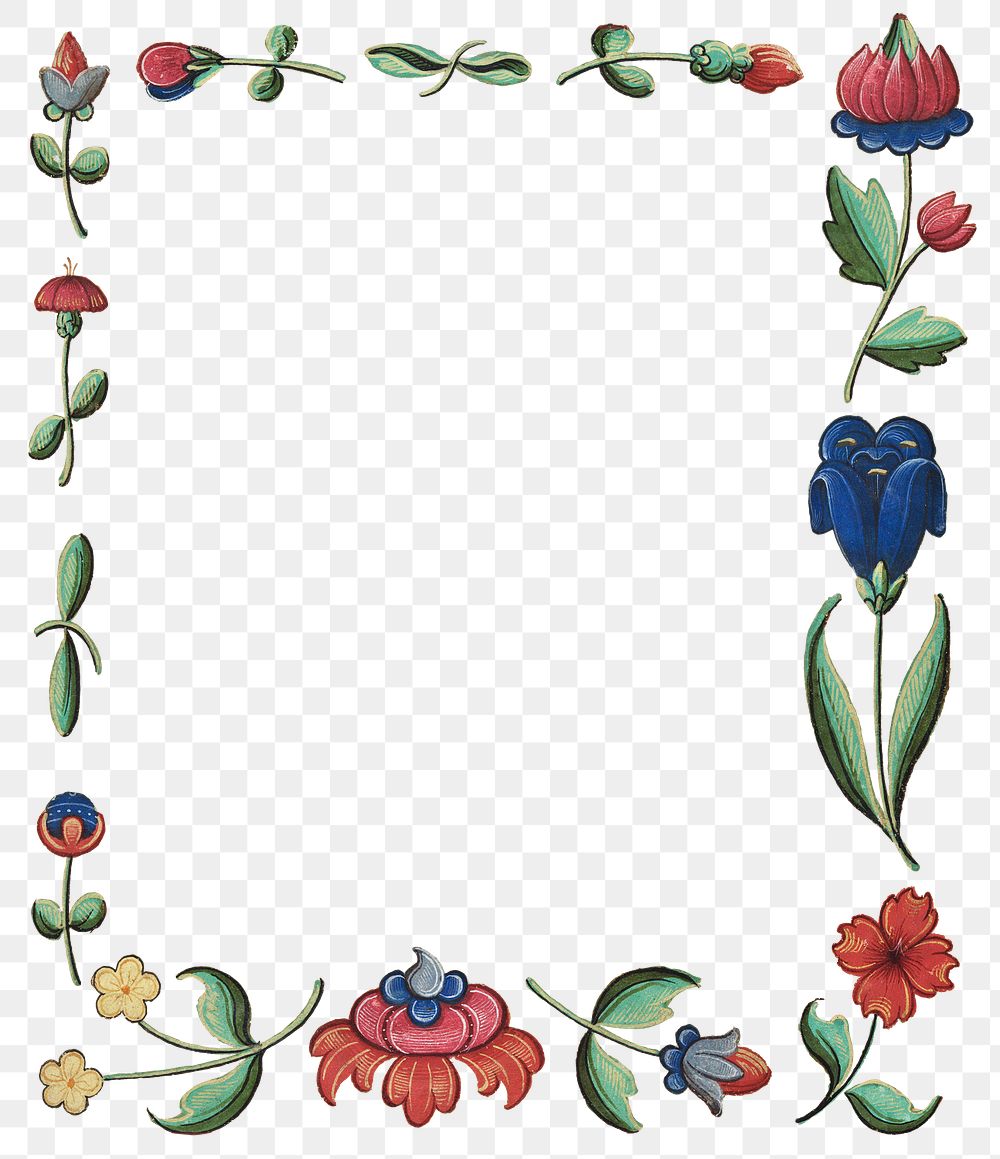 Vintage colorful floral transparent frame, featuring public domain artworks