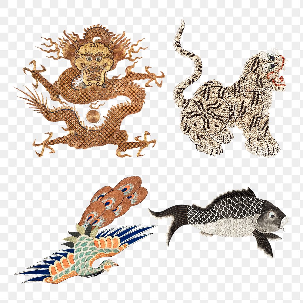 Vintage png animal embroidery set, featuring public domain artworks