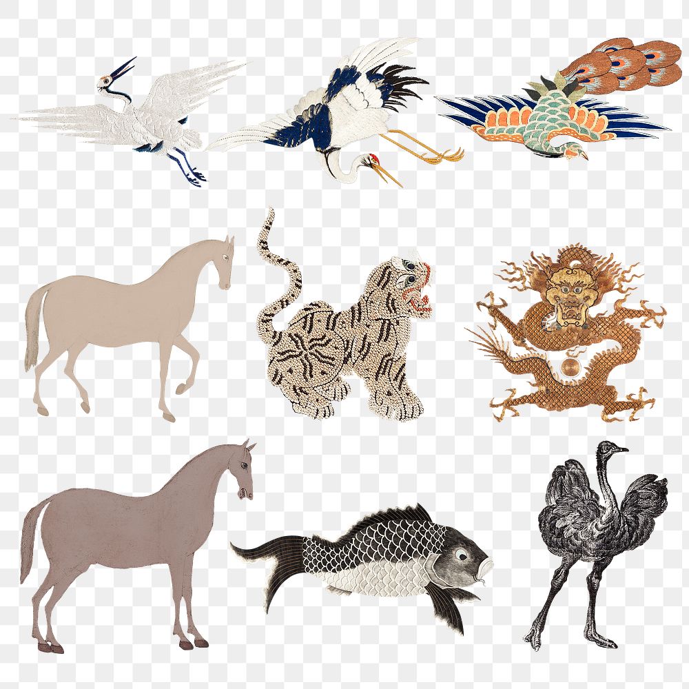 Vintage png animal embroidery and illustration set, featuring public domain artworks