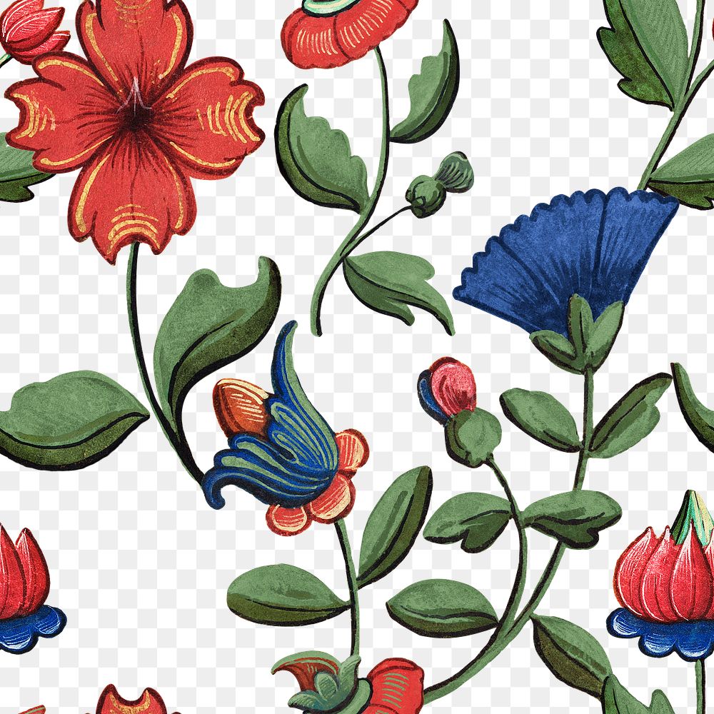 Vintage red and blue floral pattern transparent background, featuring public domain artworks