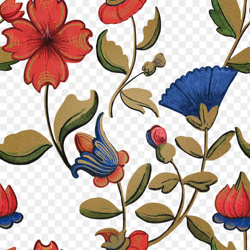 Vintage red and blue floral pattern transparent background, featuring public domain artworks