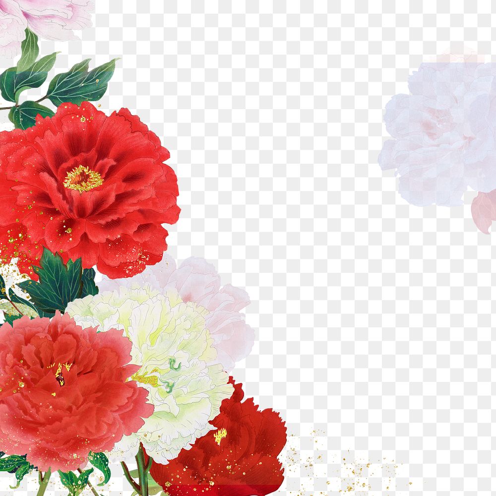 Peony png border, red & pink flower sticker, floral design on transparent background