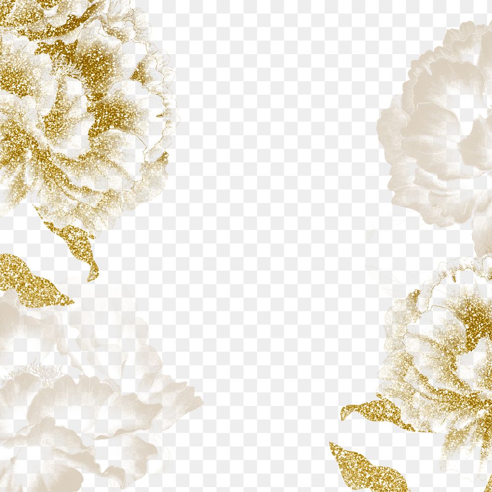 Gold peony png border, flower collage element on transparent background