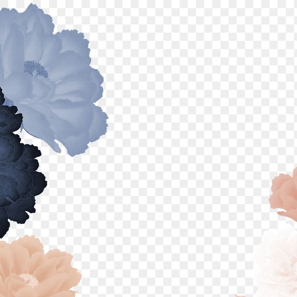 Aesthetic floral png border, blue, beige, and white peony flower, vintage graphic on transparent background