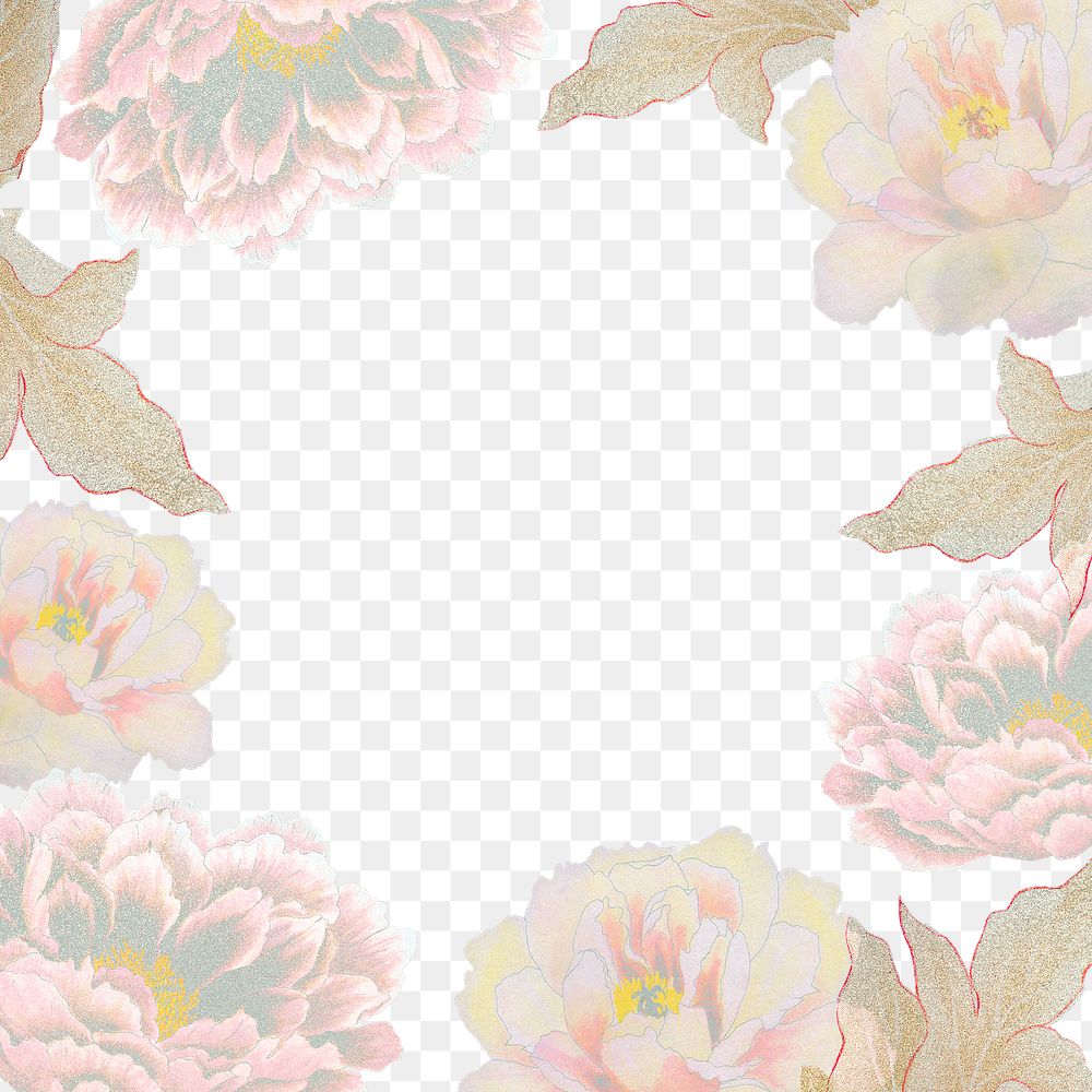 Aesthetic floral png frame, gold peony flower, vintage graphic on transparent background