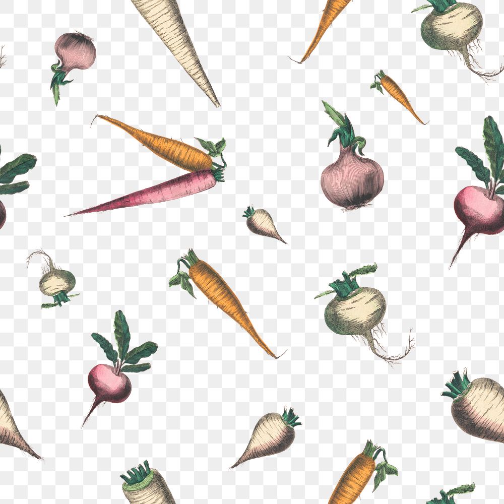 Vegetable seamless pattern png transparent background, remix from artworks by by Marcius Willson and N.A. Calkins