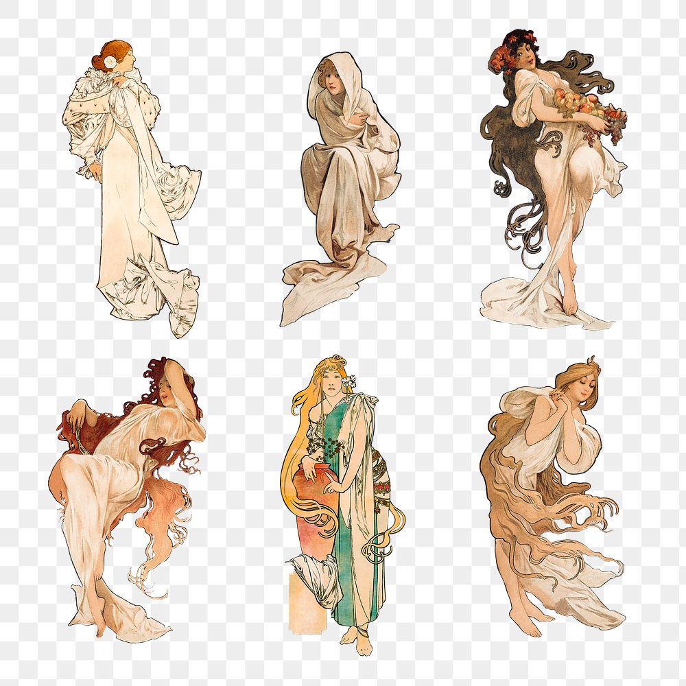 Art nouveau lady png illustration set, remixed from the artworks of Alphonse Maria Mucha