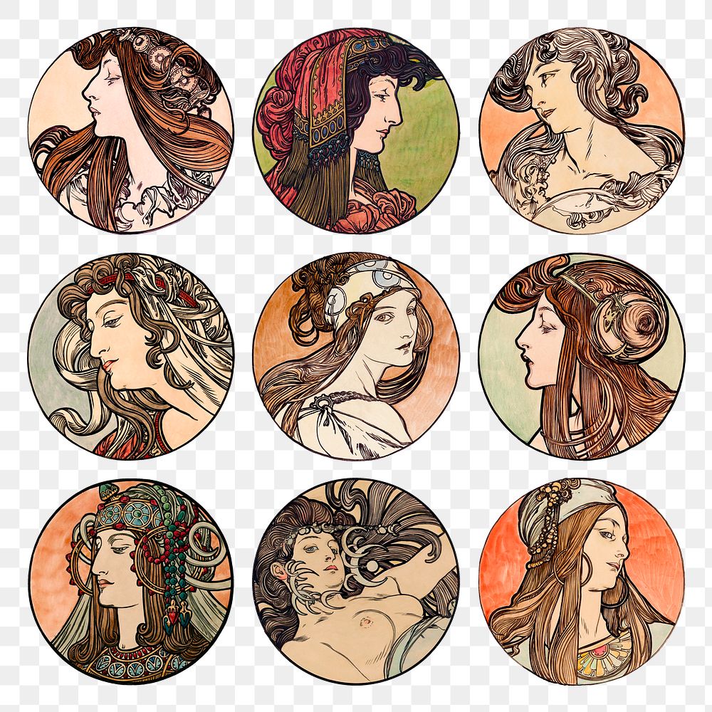 Lady art nouveau illustration png set, remixed from the artworks of Alphonse Maria Mucha