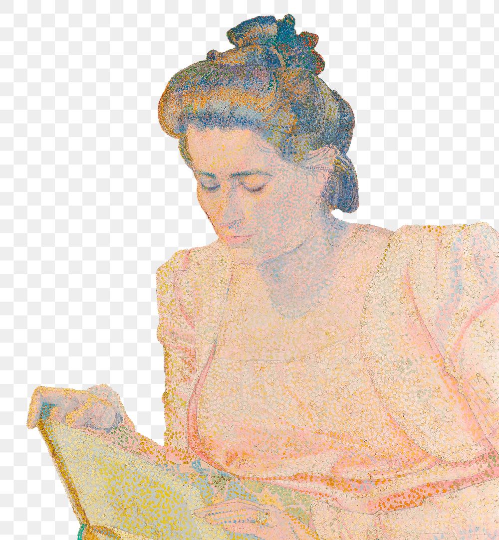 Png retro woman reading book, remixed from the artworks of Jan Toorop.