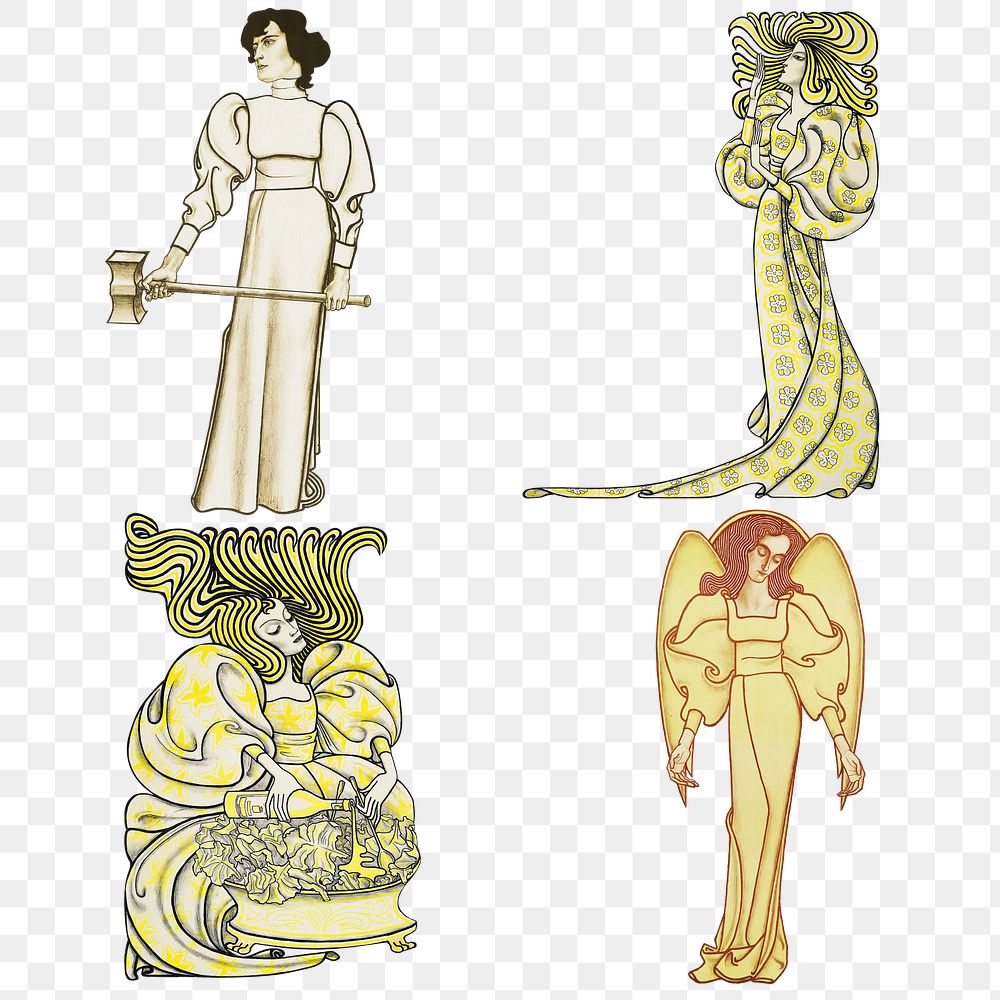 Art nouveau women png with different activities, remixed from the artworks of Jan Toorop.