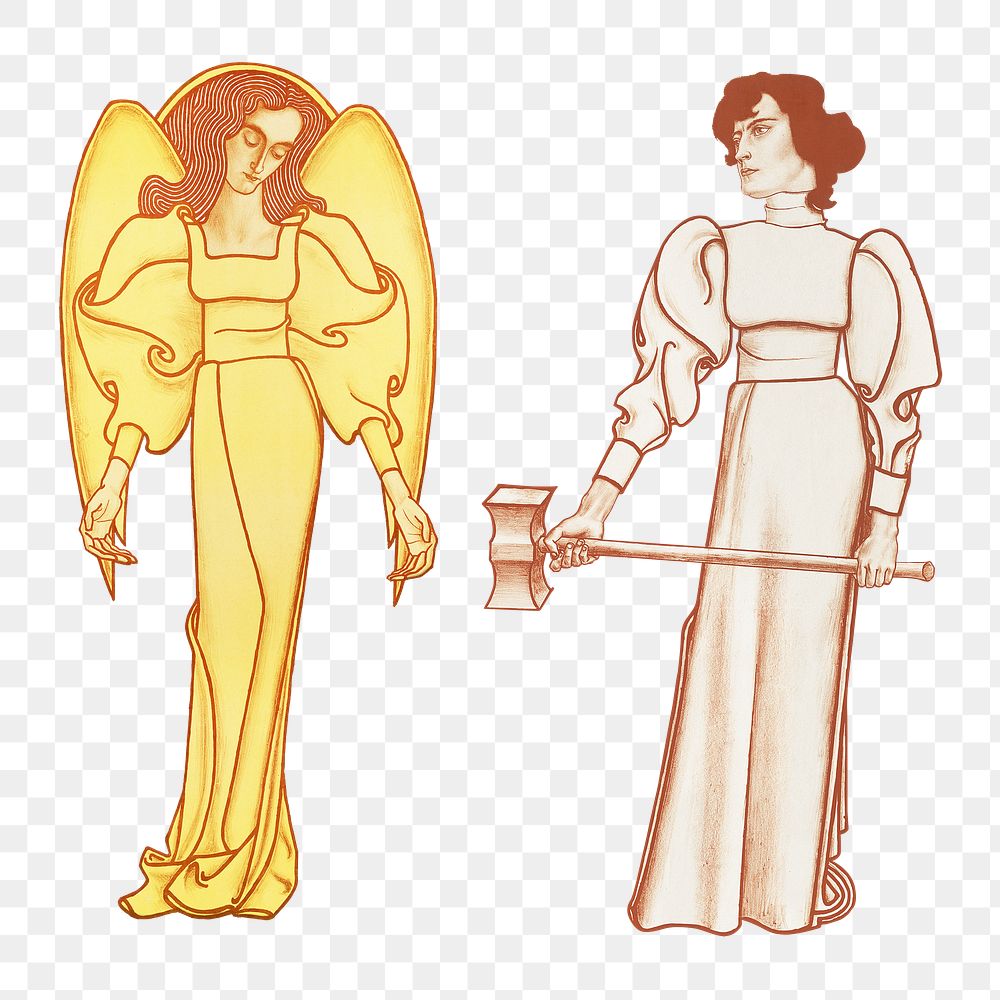Art nouveau women png with different activities, remixed from the artworks of Jan Toorop.