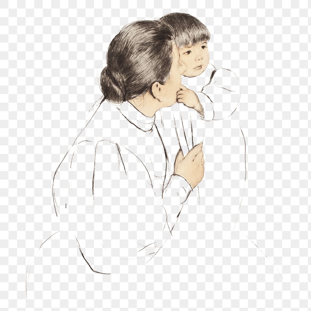 Vintage hand drawn mother with her child illustration, remixed from the artworks of Mary Cassatt.