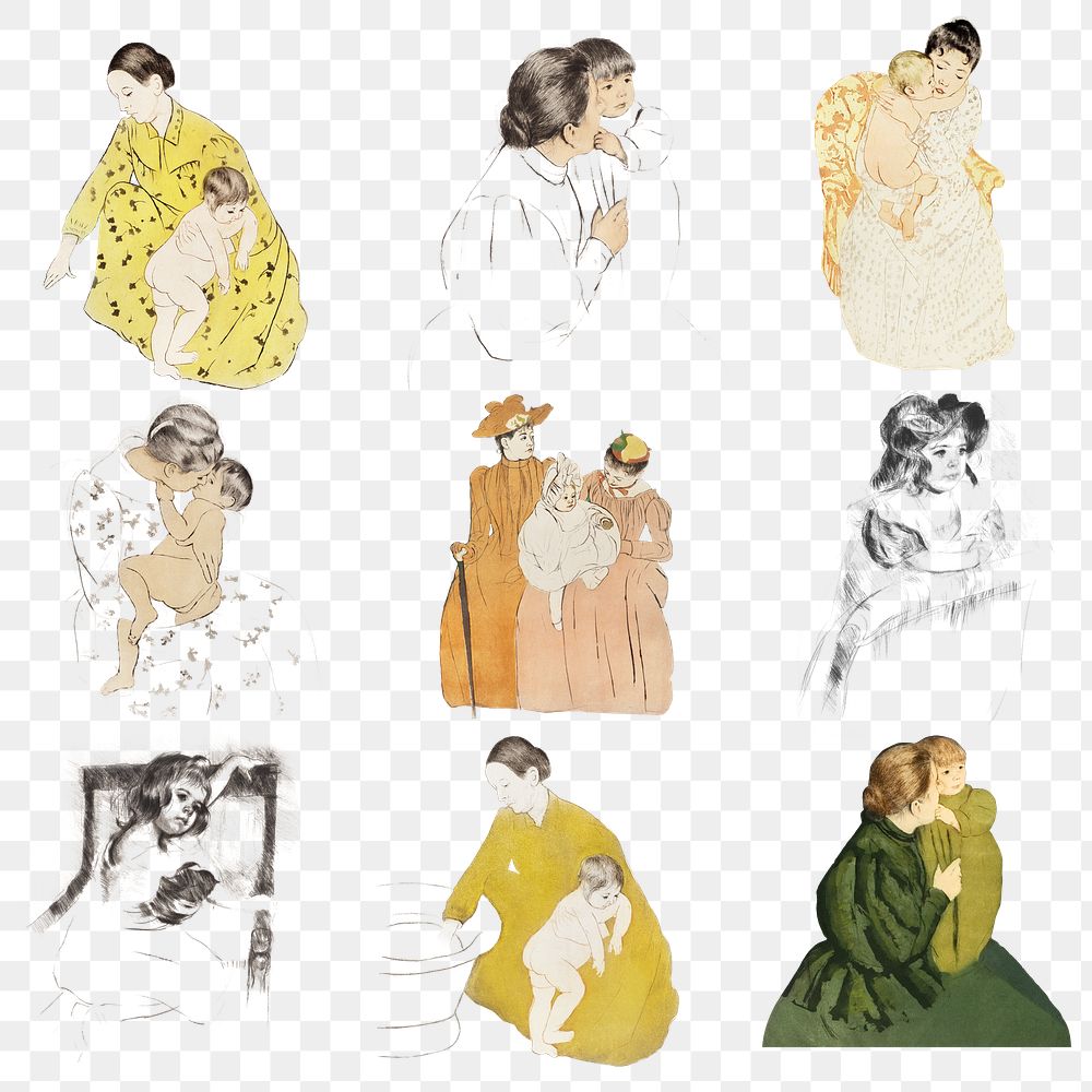 Vintage hand drawn mother and her child set illustration, remixed from the artworks of Mary Cassatt.