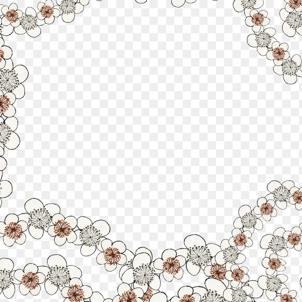 White Japanese ume pattern png frame, remix of artwork by Watanabe Seitei