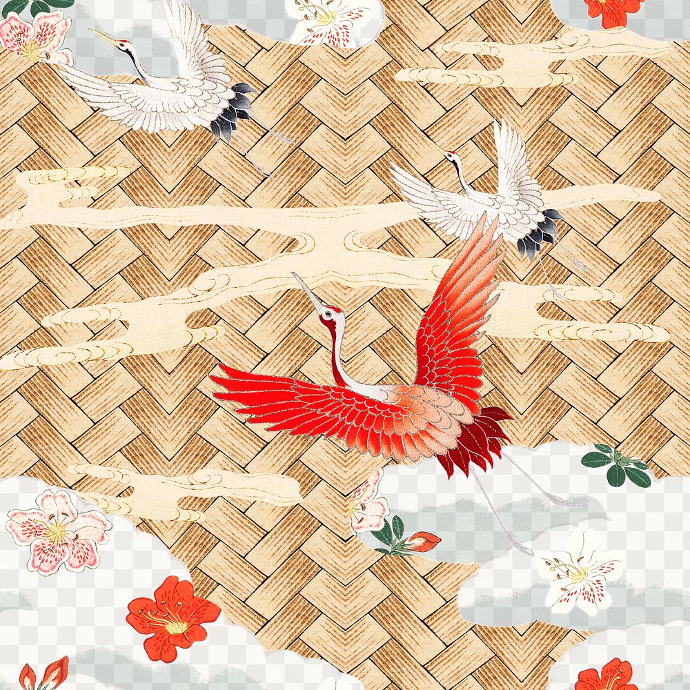 Traditional Japanese bamboo weave with crane png pattern, remix of artwork by Watanabe Seitei