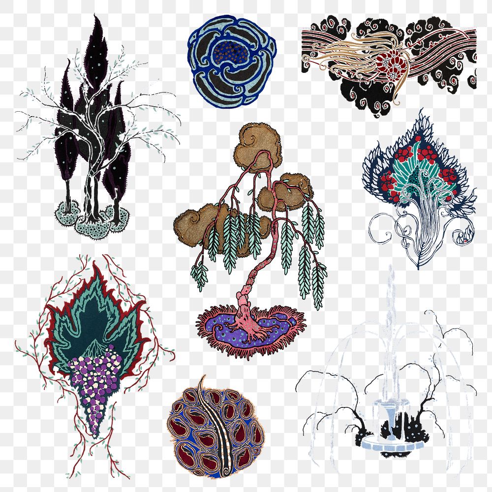 Botanical png sticker collage element illustration in stencil print style set