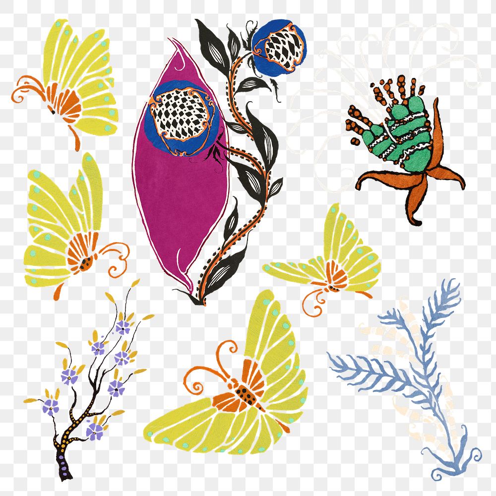 Butterfly & flower png sticker collage element illustrations in stencil print style set 