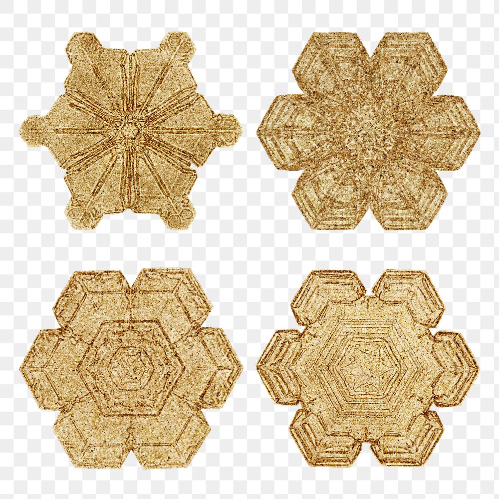 New year gold snowflake png set macro photography Christmas ornament, remix of photography by Wilson Bentley