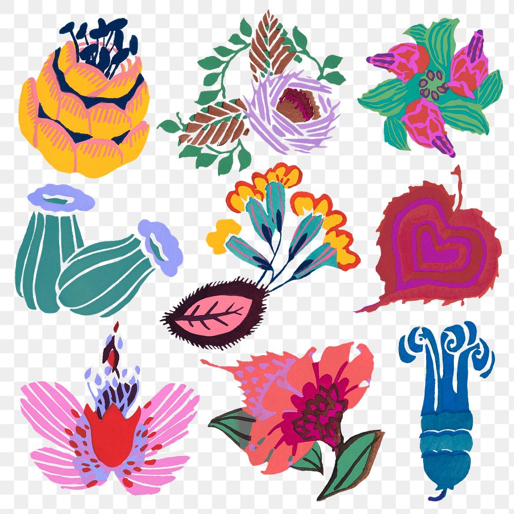 Vintage flower png stickers, Art Nouveau floral collage clipart set.