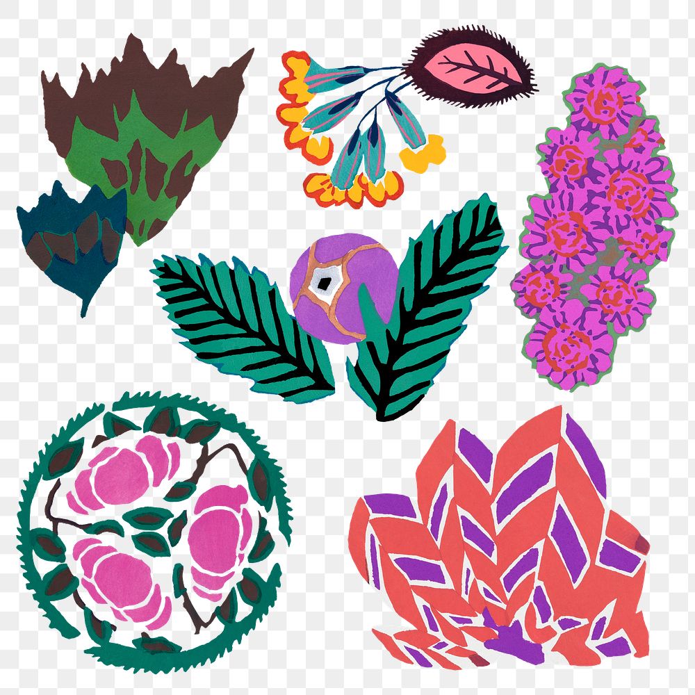 Vintage flower png stickers, Art Nouveau collage ornamental clipart collection.