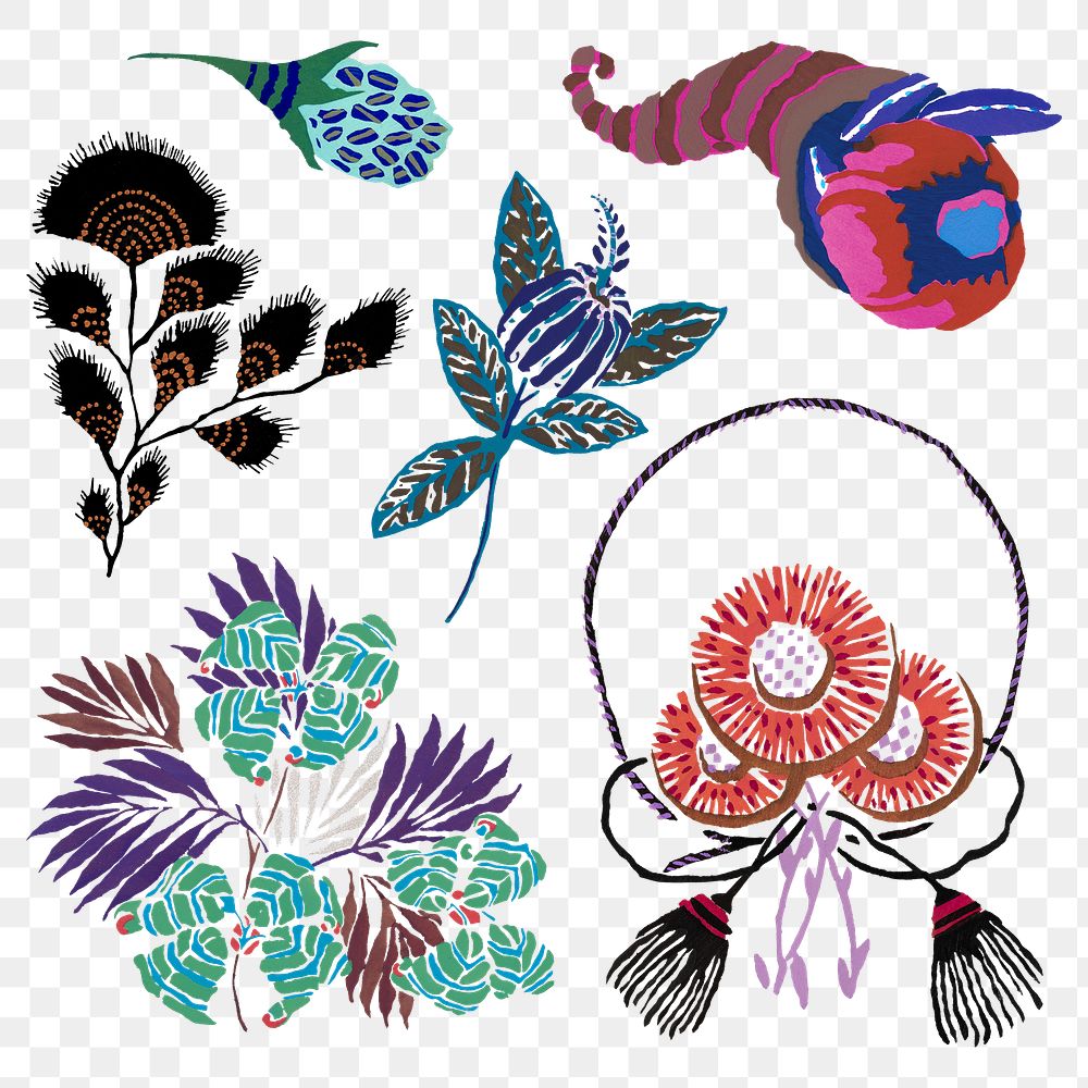 Vintage flower png stickers, Art Nouveau collage ornamental clipart collection.