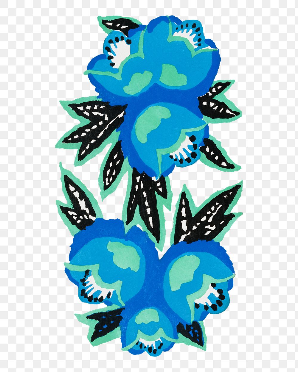 Blue flower png sticker, Art Nouveau floral collage clipart