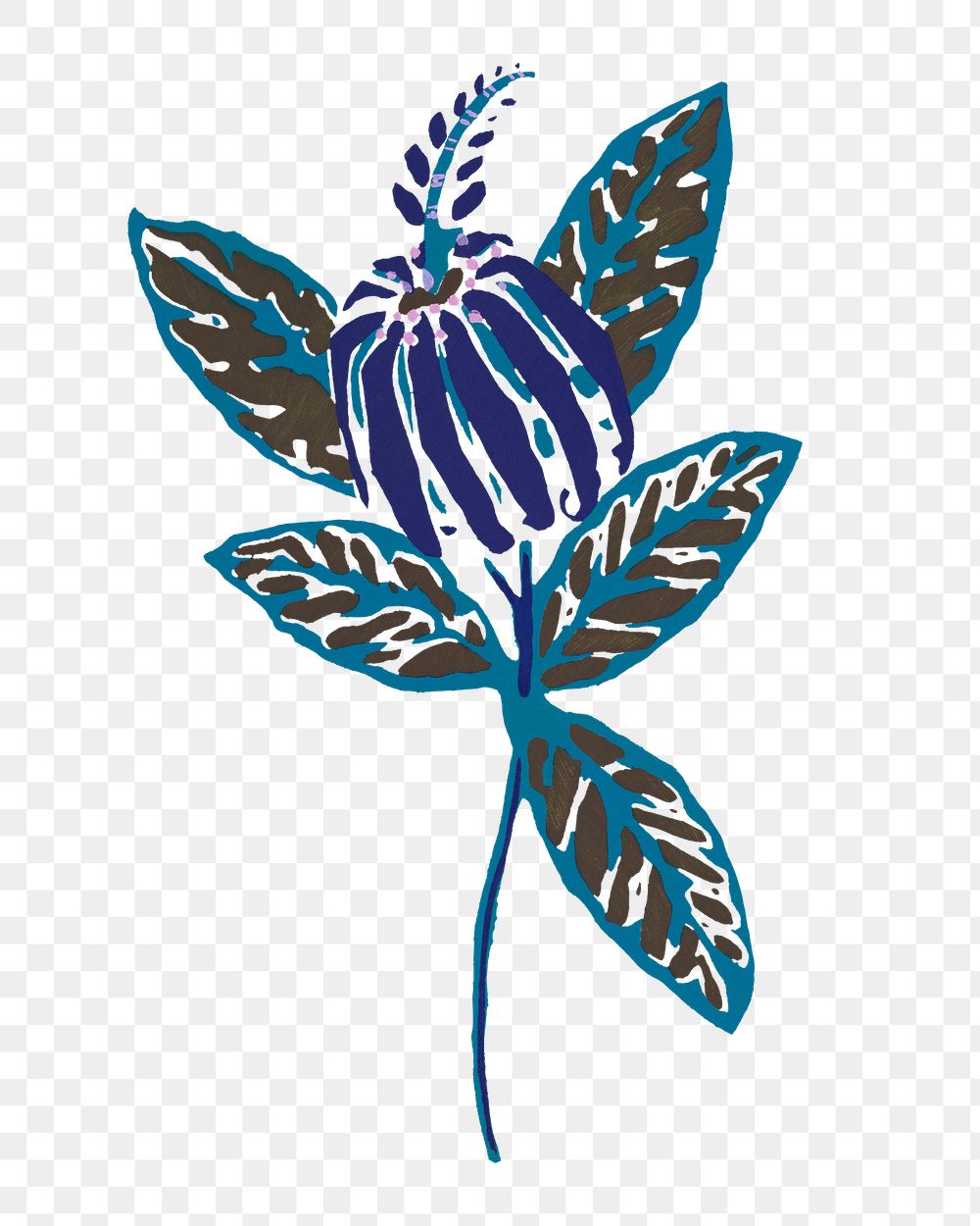 Blue flower png sticker, Art Nouveau floral collage clipart