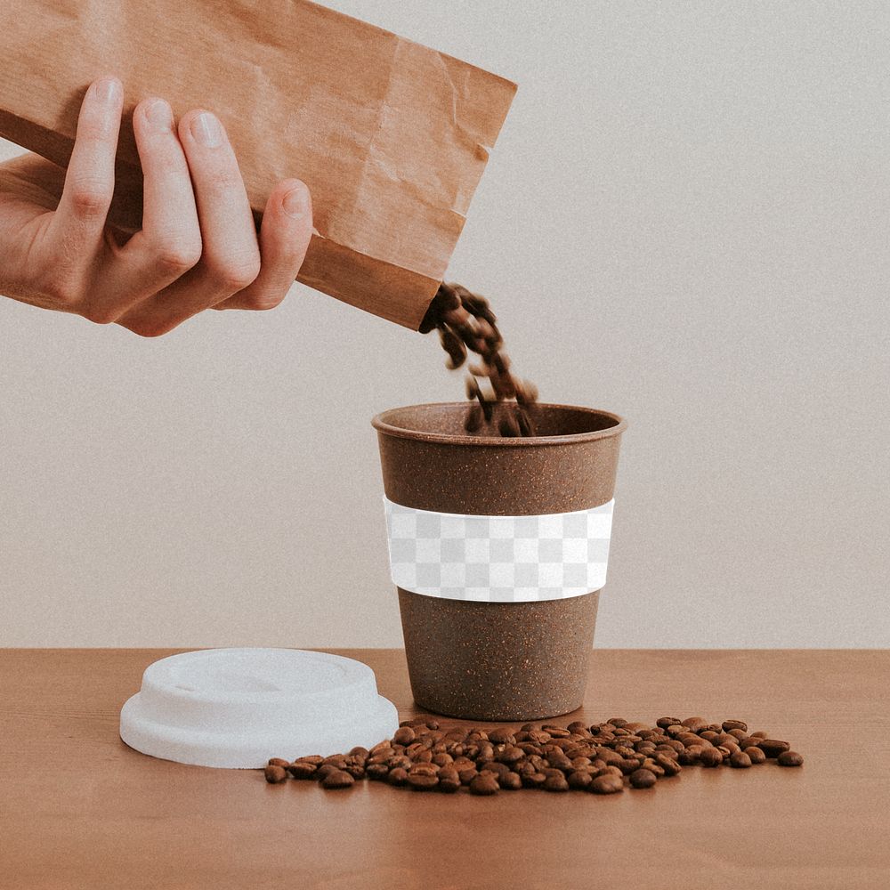 Hand pouring coffee beans into a cork coffee cup design element