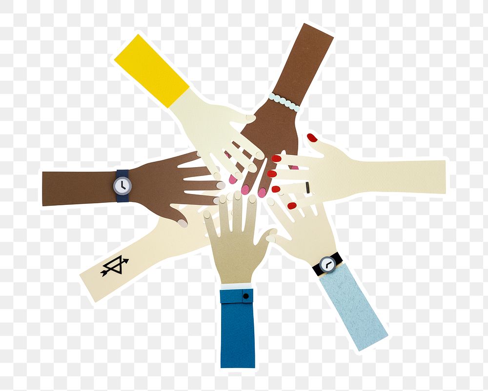 Group of diverse hands paper craft design sticker