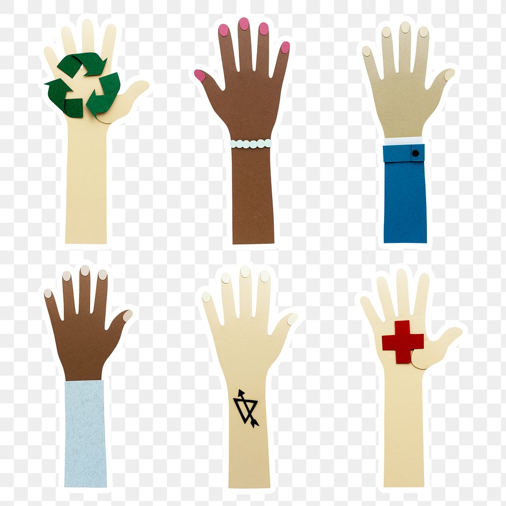Paper craft hands of diversity and symbols design sticker set