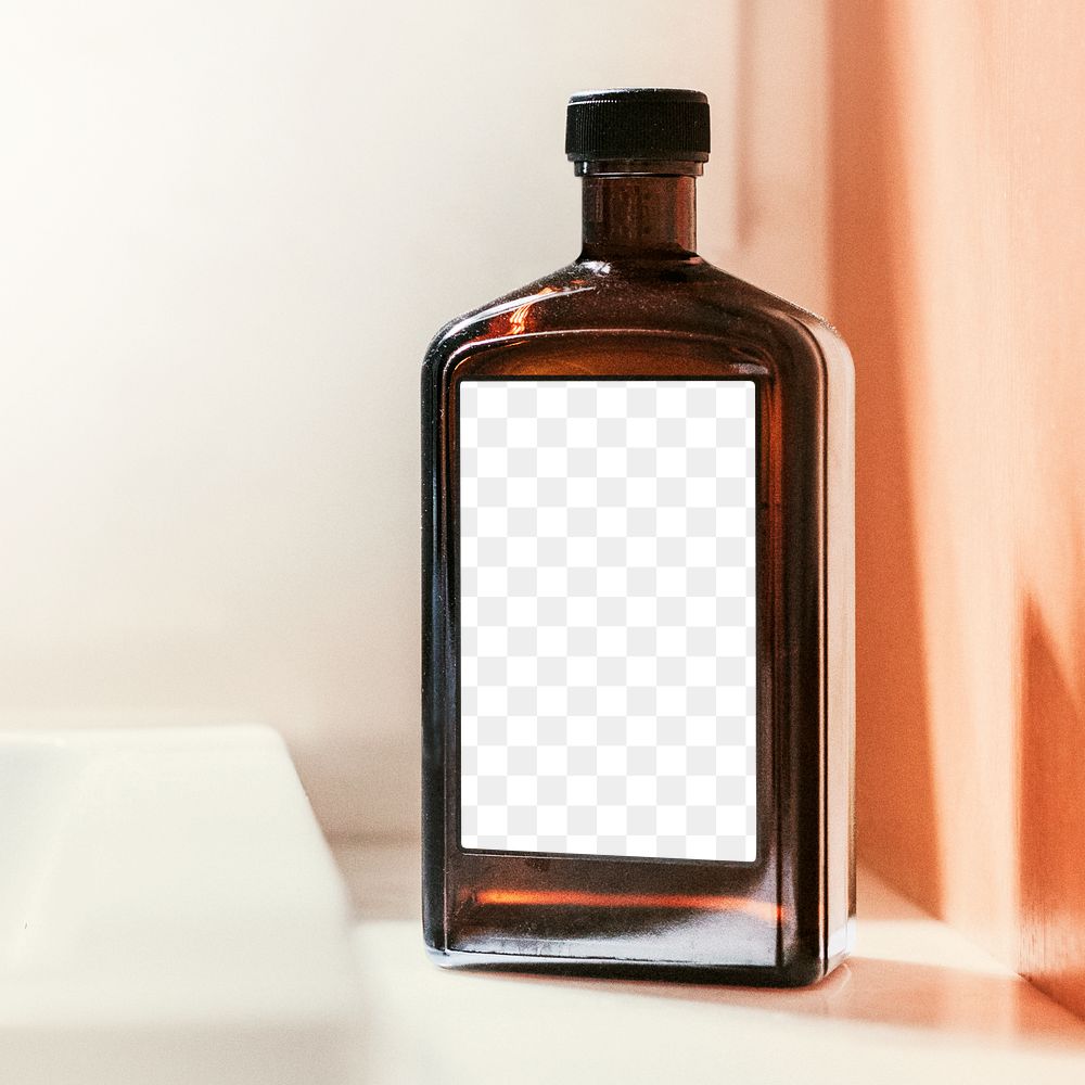 Brown glass bottle with label mockup transparent png