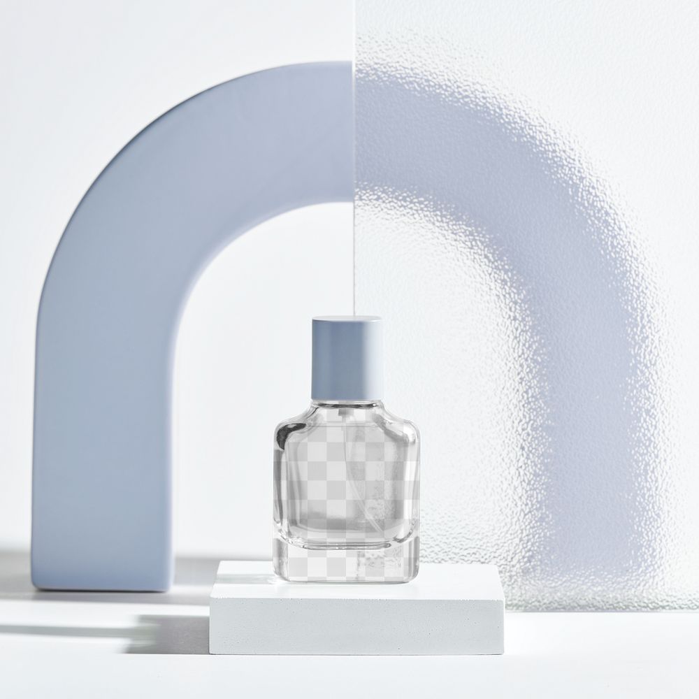 Png perfume bottle mockup with patterned glass texture product backdrop