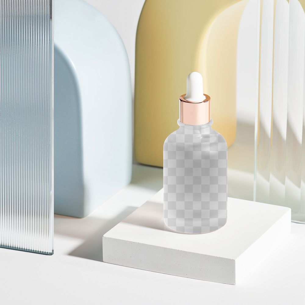 Png dropper bottle mockup with patterned glass texture product backdrop