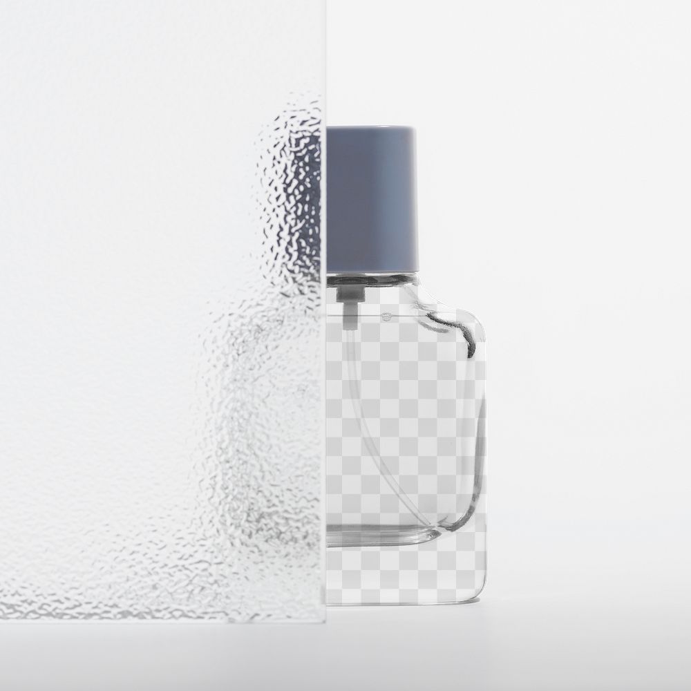 Png perfume bottle mockup with patterned glass texture product backdrop