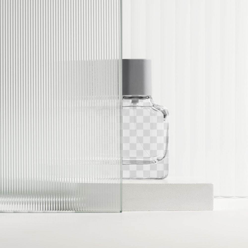 Png perfume bottle mockup with patterned glass texture product backdrop