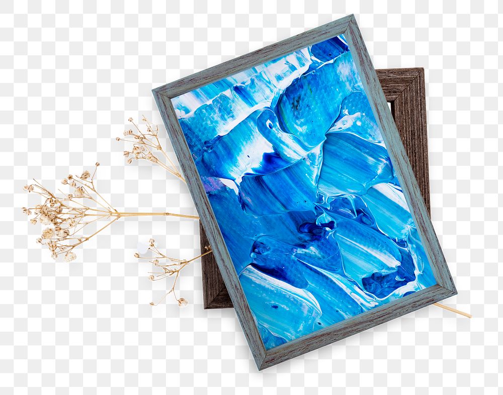 Wooden picture frame mockup png with colorful painting