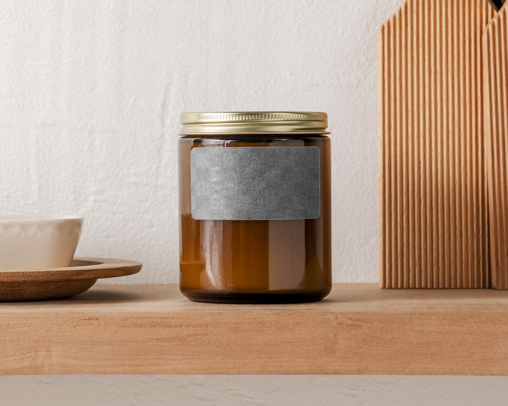 Scented candle mockup png, lidded jar with transparent label 