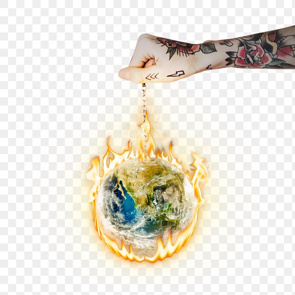 Burning earth png cut out, climate change, environment remix with fire effect