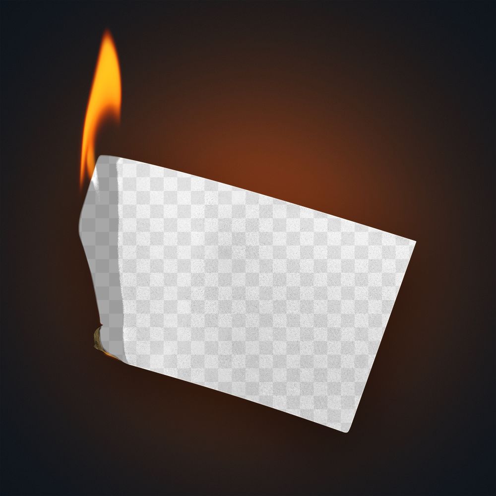 Burning png paper mockup, realistic flame, transparent blank design space