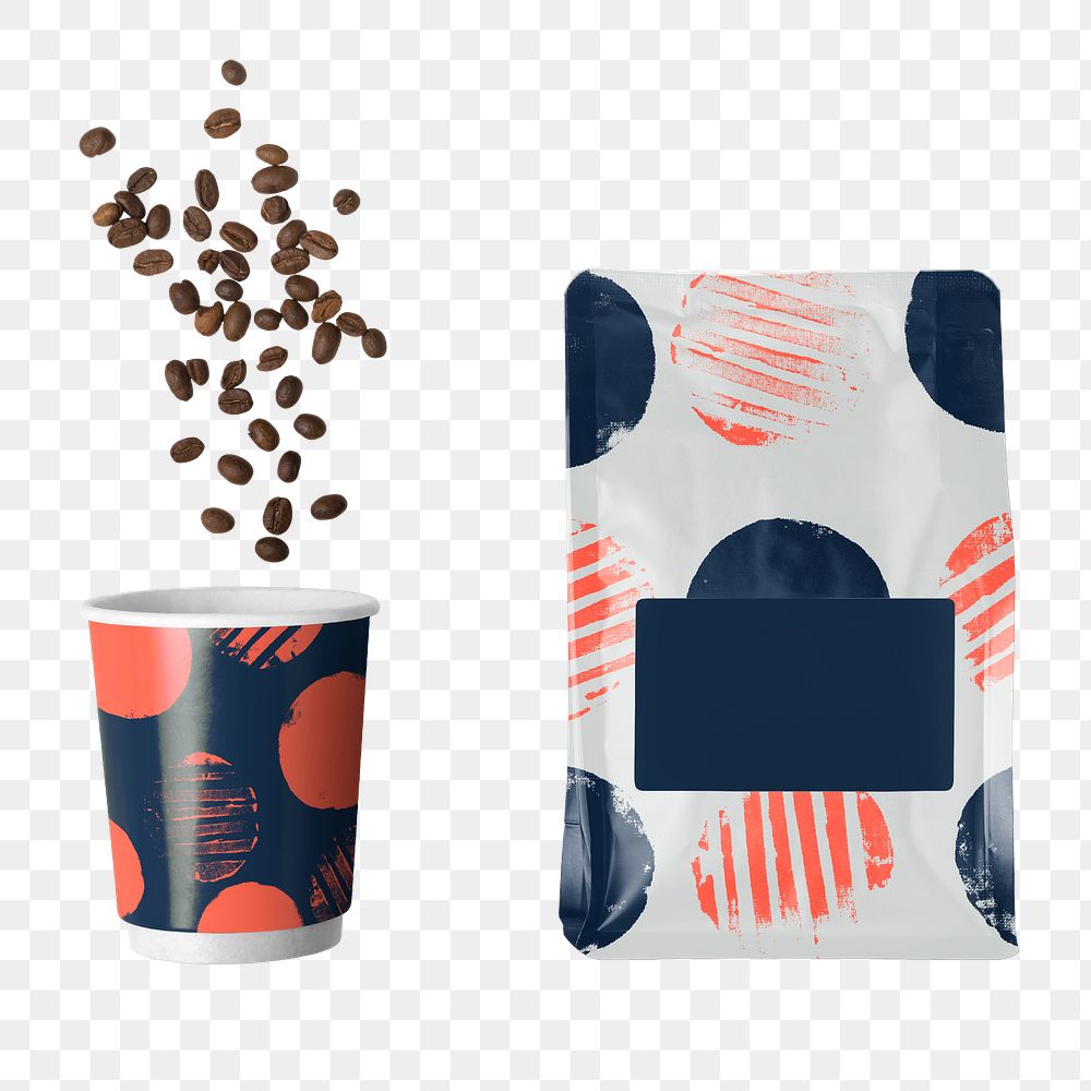 Coffee bag png, paper cup sticker, product packaging, flat lay design