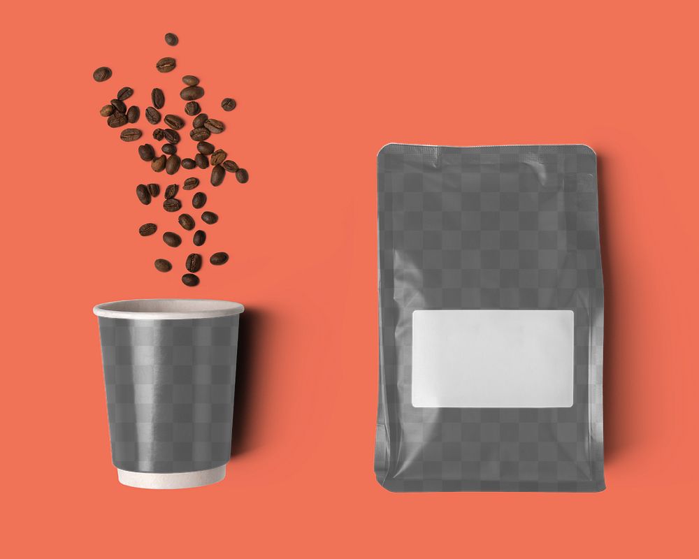 Product branding png mockup, transparent design set, coffee bag label and paper cup
