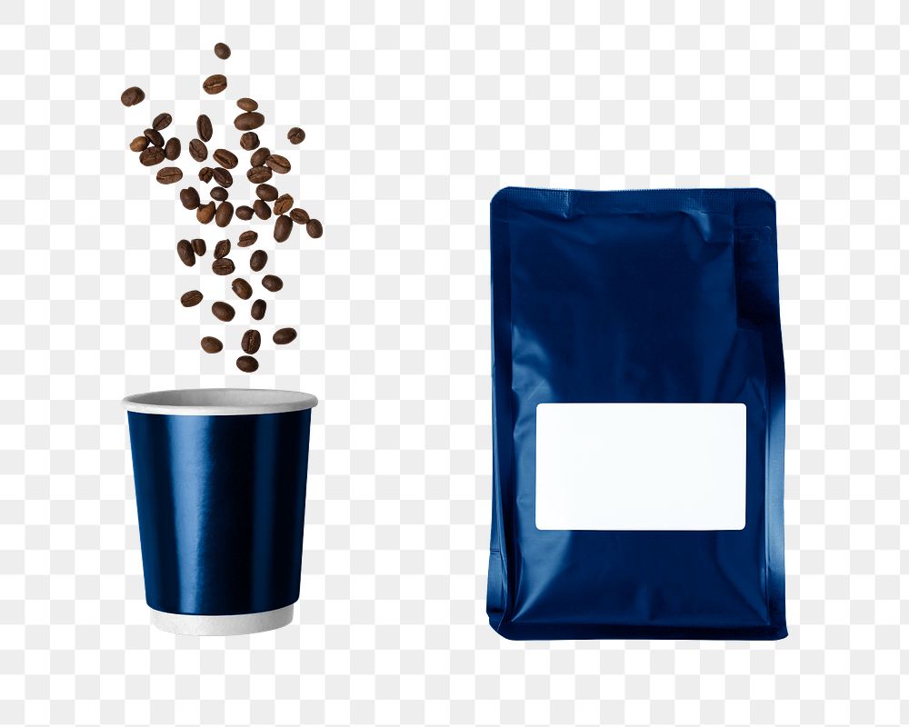 Coffee bag png, paper cup sticker, product packaging, flat lay design