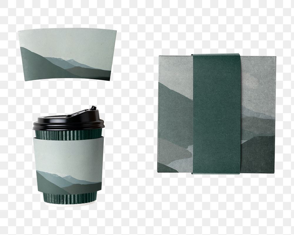 Color coffee cup png, paper sleeve, product packaging, flat lay design