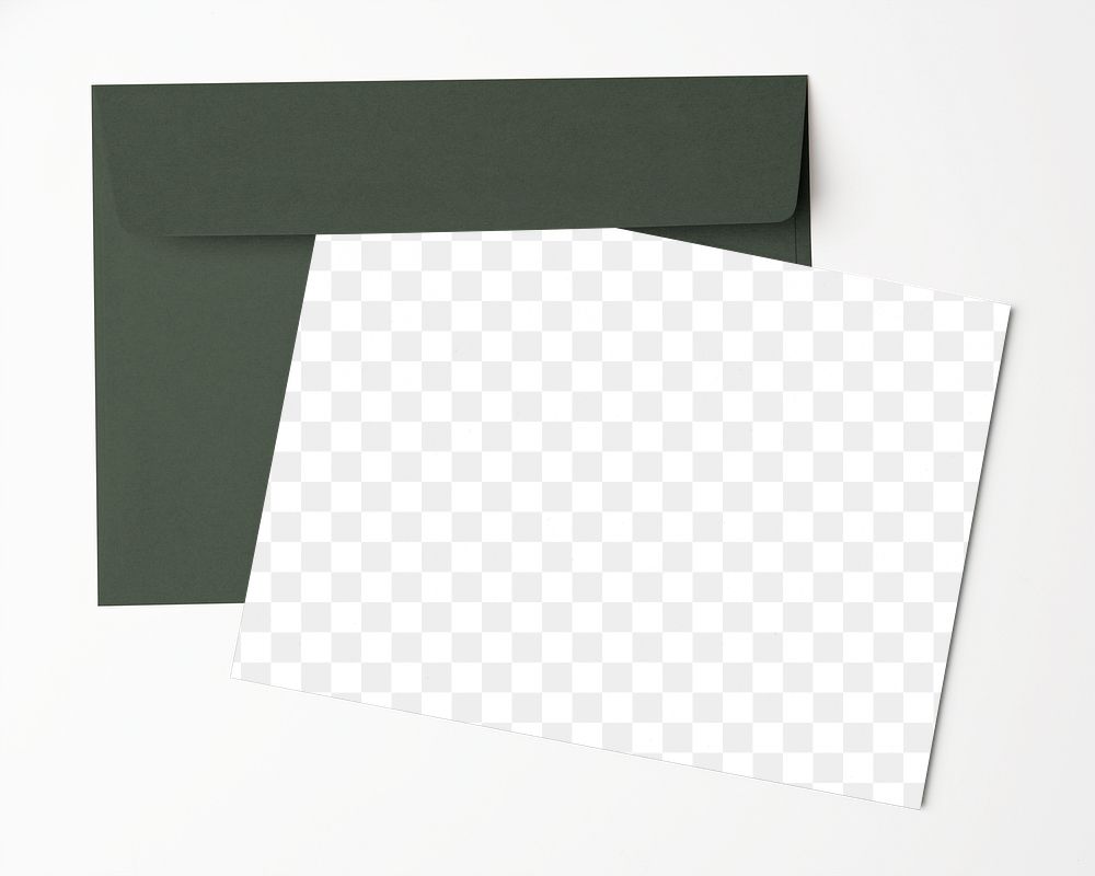 Invitation card png, stationery mockup, transparent paper, green envelope, flat lay design
