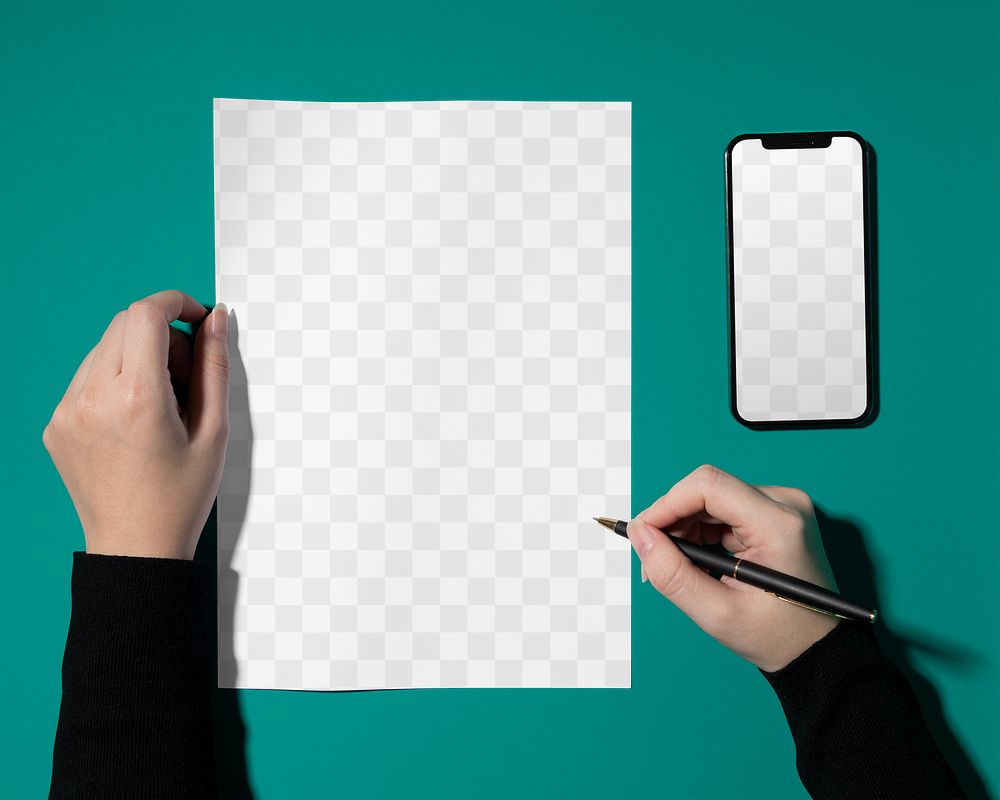 Transparent paper png mockup, man writing on it, blank design space