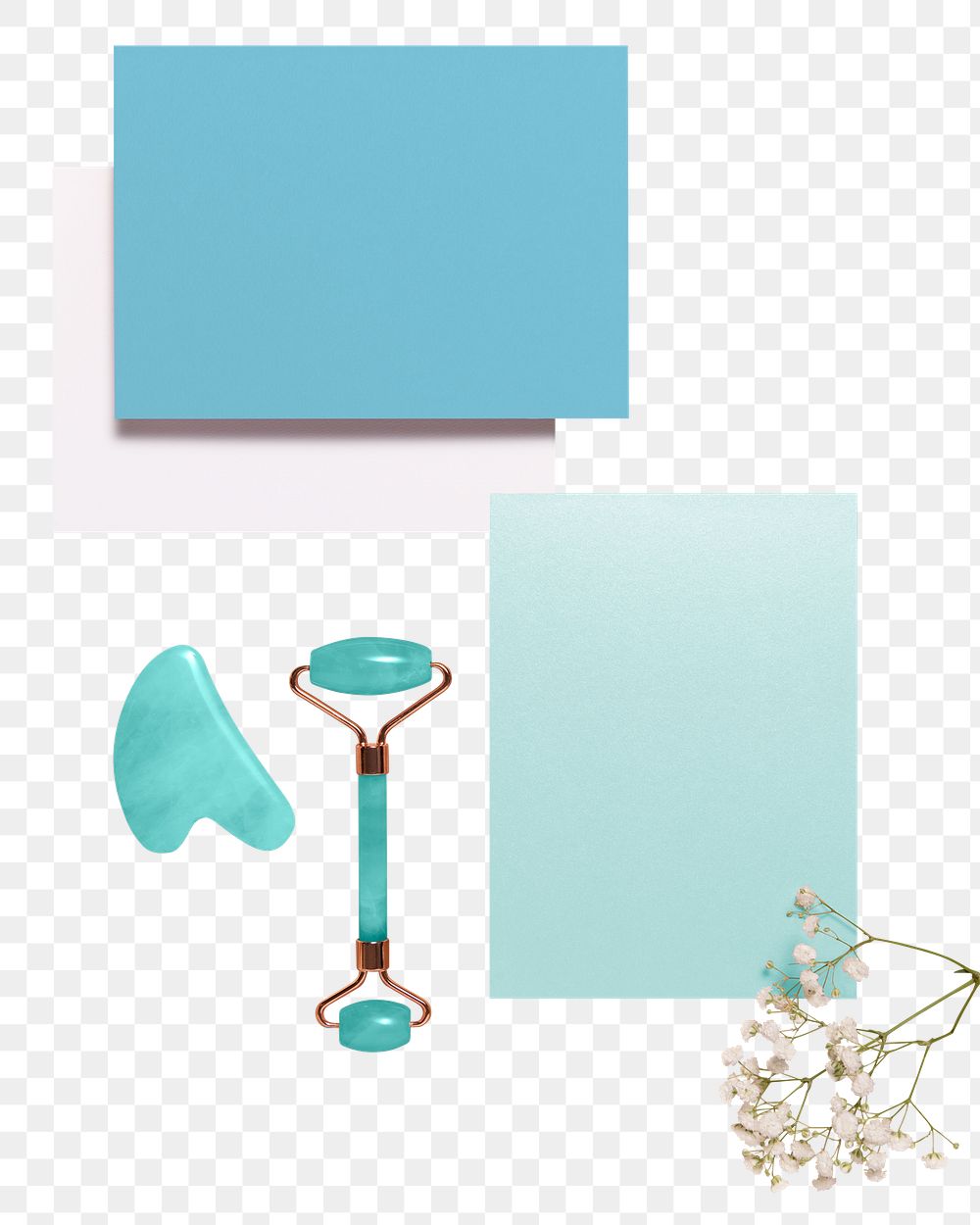 Blue card png, beauty product, flat lay transparent design