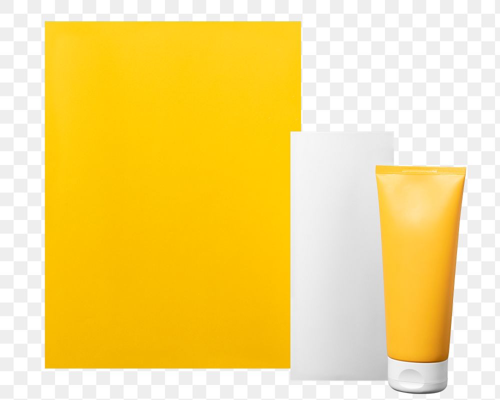 Yellow skincare tube png, blank paper, beauty business branding